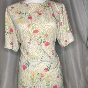 Vintage 90s Mixed Animal & Floral Print Tee - Zebra Leopard Roses